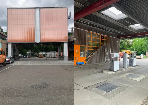 Zwei Ansichten eines städtischen Betriebshofs mit moderner Infrastruktur: links ein überdachter Durchgang mit orangefarbenen Fassadenelementen, rechts eine Dieseltankstelle vor einem Gebäude mit leuchtend orange abgesetzten Fenstern.