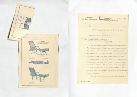 Links historische Illustrationen von verstellbaren Liegebetten für Krankenanstalten, rechts ein maschinengeschriebener Brief von 1933 zur Verteilung von Liegestühlen in einer Tuberkulose-Siedlung.