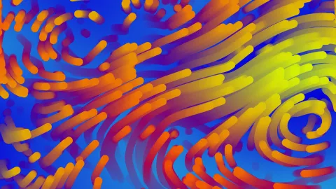 Deutsch: Abstrakte Darstellung dynamischer Luftströme in kräftigen Farben. Leuchtende, gebogene Linien in Gelb, Orange und Rot verlaufen über einen blauen Hintergrund und erzeugen den Eindruck von Bewegung und Wirbel. English: Abstract depiction of dynamic air currents in vibrant colors. Bright, curved lines in yellow, orange, and red flow across a blue background, creating a sense of motion and turbulence. 