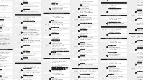 Deutsch: Veranstaltungsprogramm für Juni und Juli 2025 in tabellarischer Darstellung. Schwarze und graue Kästen mit weißer Schrift zeigen Termine, Uhrzeiten, Titel und Orte.   English: Event schedule for June and July 2025 shown in a table format. Black and grey boxes with white text display dates, times, titles, and locations.  