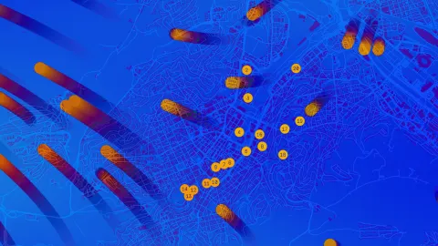 Deutsch: Stilisierte Karte von Stuttgart in Blautönen mit gelb-orangenen Markierungen für 20 Orte. Dynamische, halbtransparente Farbverläufe in Orange, Rot und Lila verlaufen diagonal über die Karte und symbolisieren Luftbewegungen oder Windströmungen. English: Stylized map of Stuttgart in shades of blue with yellow-orange markers indicating 20 locations. Diagonal, semi-transparent gradients in orange, red, and purple represent air movement or wind flow across the map.