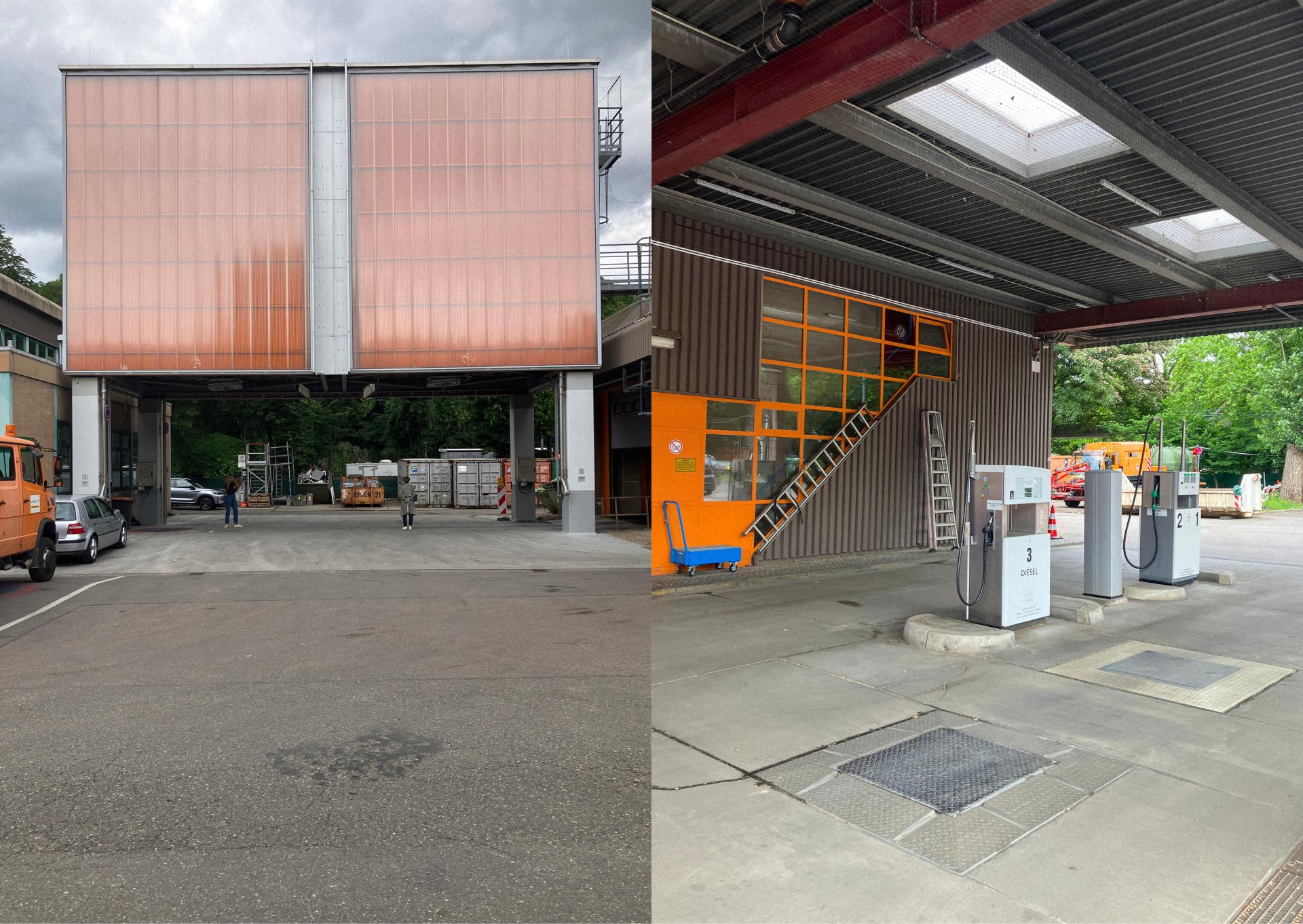 Zwei Ansichten eines städtischen Betriebshofs mit moderner Infrastruktur: links ein überdachter Durchgang mit orangefarbenen Fassadenelementen, rechts eine Dieseltankstelle vor einem Gebäude mit leuchtend orange abgesetzten Fenstern.