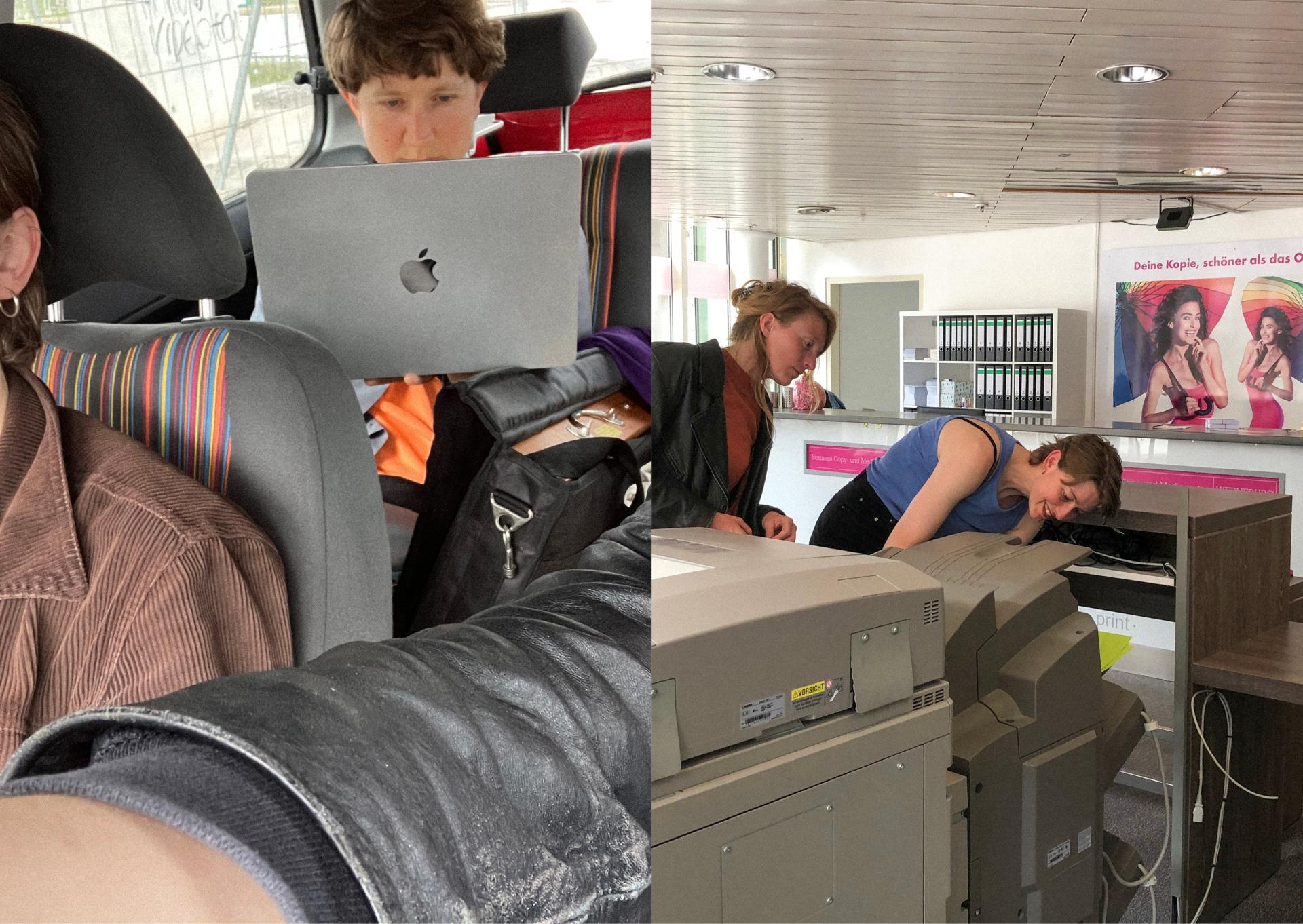 Links sitzt eine Person mit Laptop im Fond eines Autos, rechts beugen sich zwei Personen konzentriert über einen großen Kopierer in einem Copyshop.