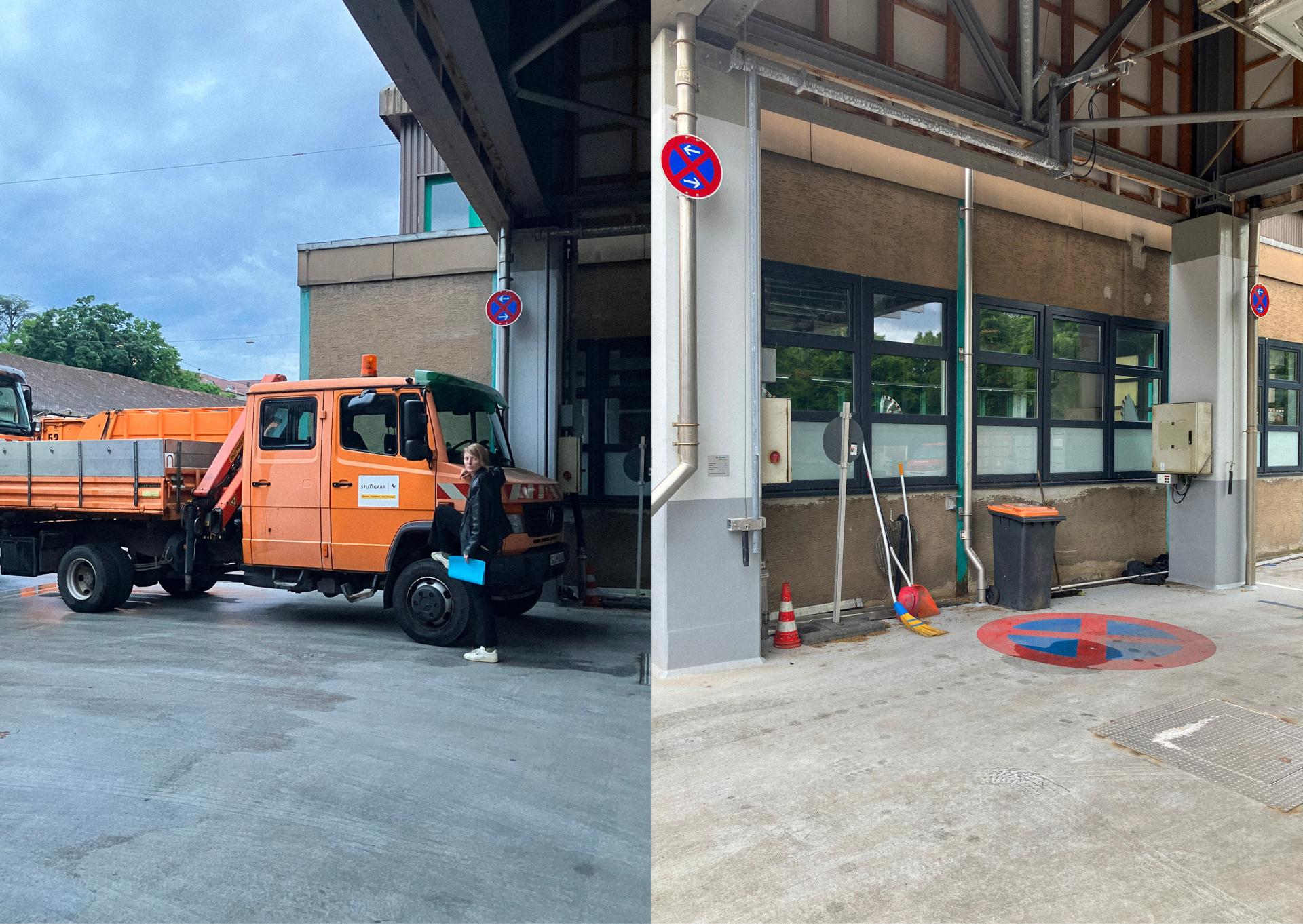 Links steigt eine Person mit blauer Mappe in ein orangefarbenes Kommunalfahrzeug ein, rechts sind Besen, Schaufeln und Verkehrskegel an einer Gebäudewand unter einem Unterstand abgestellt.