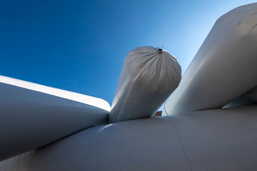 Das Bild zeigt eine Nahaufnahme des Kunstwerks, bei der die weißen, aufblasbaren Strukturen imposant vor dem strahlend blauen Himmel hervortreten.