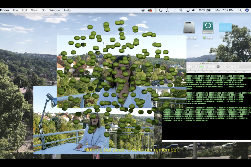 Das Bild zeigt eine digital manipulierte Szene auf einem Computerbildschirm mit einem Stadtpanorama im Hintergrund, überlagert von grünen, kugelförmigen Objekten und binärem Code; darunter läuft ein Untertitel: „Nothing but peas, cruciferae; remember.“