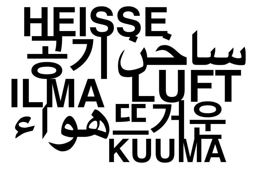 Mehrsprachige Wortcollage mit dem Ausdruck „Heiße Luft“ in verschiedenen Schriftsystemen, visuell verdichtet in Schwarz auf weißem Hintergrund.