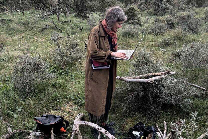 Eine Person steht inmitten einer wild bewachsenen Landschaft und arbeitet konzentriert an einem Laptop. Um sie herum liegen Taschen, Äste und Ausrüstungsgegenstände. Die Person trägt einen langen Mantel und einen Schal. Die Szenerie wirkt herbstlich und naturbelassen unter einem bewölkten Himmel.